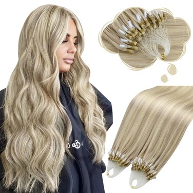 Moresoo Micro Bead Hair Extensions Real Human Hair Ash Blonde Highlight Bleach Blonde Micro Link Hair Extensions Human Hair Blonde 16 Inch Micro Loop Hair Extensions Human Hair 50G/50S