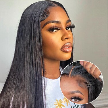 Real Wear and Go Glueless Wig Human Hair Straight, 6x4 Pre-Cut Lace Glueless Wigs Pre-Plucked, HD Transparent No Glue Lace Front Closure Wigs for Women 200% Density 20 inch