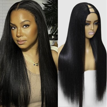 Nadula V Part Wig Yaki Straight Human Hair No Leave Out Glueless Upgraded U Part Wigs for Women,10A Yaki Straight V-part Wigs V Shape Clip in Half Wig Ready to Go 150% Density 20inch