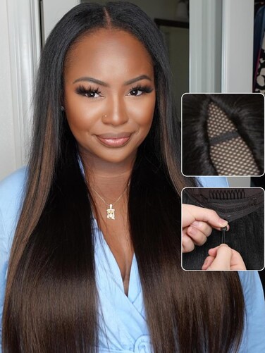 Nadula EasiContour Yaki Straight V Part Wig Human Hair with Drawstring No Leave Out Black to Chestnut Brown Ombre Highlight Clip in Vpart Wig,Glueless Upgrade Yaki U Part Wig 180% Density 14inch