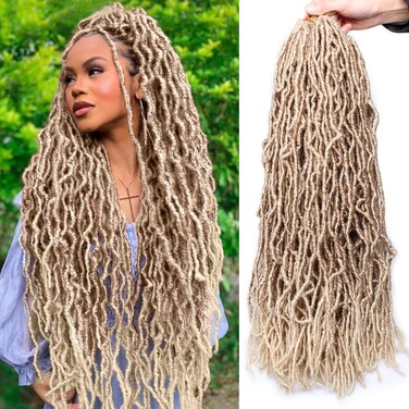 Leeven 24 Inch Goddess New Faux Locs Crochet Braids 7 Packs Ombre Blonde Pre-looped Messy Soft Locs Crochet Hair Distressed Faux Locs Hair for Women 18 Strands/Pack 27/613#
