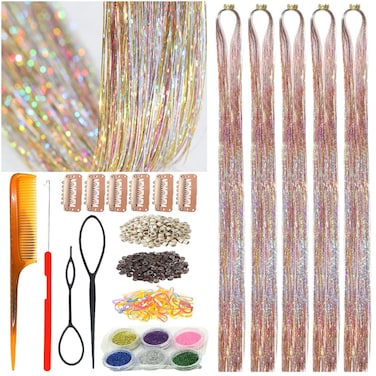 Hair Tinsel Kit with Tools Galaxy Glitter Tinsel Hair Extensions Heat Resistant Highlights Sparkling Fairy Hair for Kids Women Girls(48 Inch Pack of 5Pcs, Galaxy)