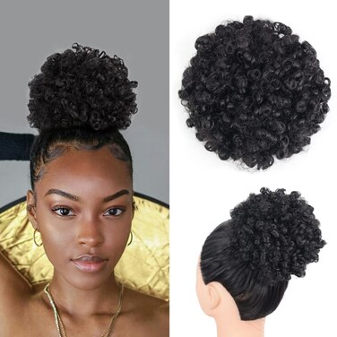 Yinmei Baibian Curly Wavy Afro Puff Drawstring Ponytail Hair Extension for Black Women Loose Wave Short Mini Afro Puff Hairpieces for Girls Kids(1B#)