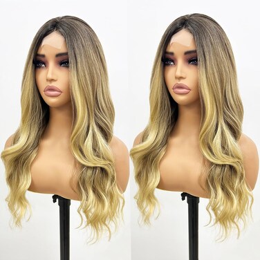 GIANNAY Ombre Blonde Lace Front Wigs for Women Curly Wave Wig Natural Looking Synthetic Heat Resistant Fiber Wigs for Daily Party Use 26 Inch Middle Part Wig