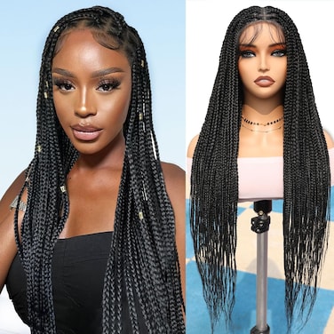 FAVE HD Full Lace Braid Wig Glueless Braided Wigs for Black Women Synthetic Wigs for Black Women Knotless Braided Wig with Baby Hair for Daily Use（30 inches，1B）