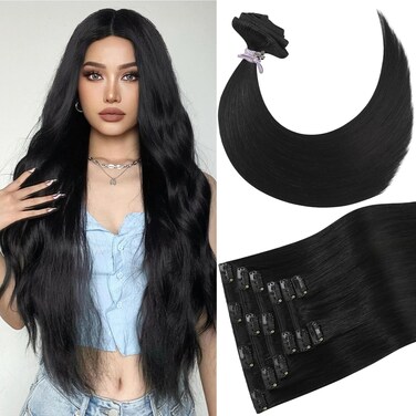 Black Clip in Hair Extensions Real Human Hair 15 Inch 75g Natural Human Hair Extensions Silky Straight Remy Human Hair Extensions Clip ins for Women