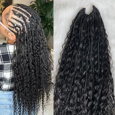 Crochet Boho Box Braids With Human Hair Pre-Looped Synthetic Braiding Goddess Braids Double Drawn Curly Full Ends Hair Extensions For Women Natural Color 3Pack/120 Stands 18Inch