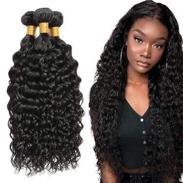 Color #1B Bundles Human Hair Natural Black Water Wave Bundles Natural Color Wet and Wavy Bundles Brazilian Unprocessed Virgin Hair Mixed Length 3 Bundles 24 26 28 Inch