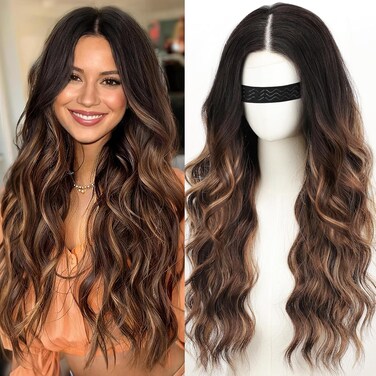 Nnzes Long Brown Wavy Wig with Highlights Middle Part Curly Wigs Lace Hairline Wigs for Women Ombre Brown Synthetic Heat Resistant for Daily Part Use