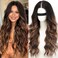 Nnzes Long Brown Wavy Wig with Highlights Middle Part Curly Wigs Lace Hairline Wigs for Women Ombre Brown Synthetic Heat Resistant for Daily Part Use