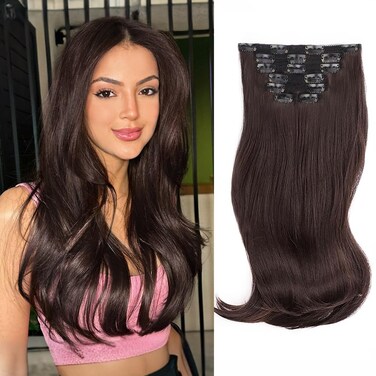 ALXNAN Clip in Hair Extensions, Hair Extensions Thick Long Stright Layered Hair Extensions Dark Brown 16 Inch Soft Lace Weft Hair Extensions for Women