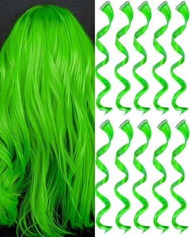 10 PCS Green Hair Extensions, St. Patricks Day Curly Wavy Synthetic Hairpieces Clip in Rainbow Neon Party Highlights, Colorful Hair Accessories for Kids Girls Women 17 Inch