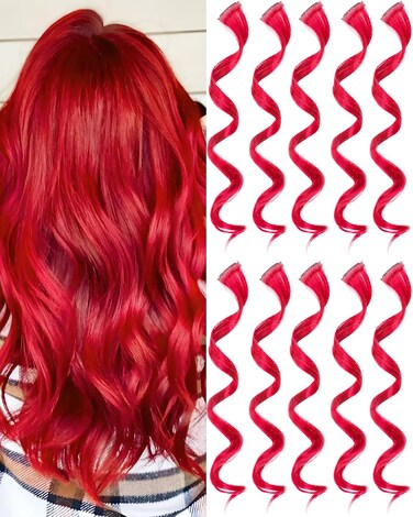10 PCS Red Hair Extensions, Curly Wavy Synthetic Hairpieces Clip in Rainbow Neon Party Highlights, Colorful Hair Accessories for Kids Girls Women 17 inch (Red)