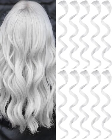 10 PCS White Hair Extensions Clip-in, Curly Wavy Synthetic Hairpieces Clip in Rainbow Neon Party Highlights, Colorful Hair Accessories for Kids Girls Women