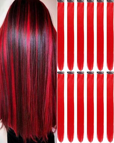12 PCS Red Hair Extensions Clip in, 20 Inch Colored Hair Extensions Party Highlights Long Straight Synthetic Hairpieces for Women Kids Girls Cosplay