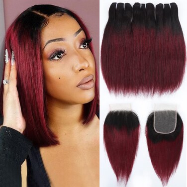 FQ 1b/99j Ombre Bundles with Closure(10 10 10+10) Brazilian Straight Bundles Human Hair Red Burgundy Short Bob Human Hair 3 Bundles with 4x4 Lace Closure 50g/bundle
