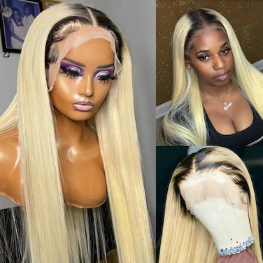Ombre Blonde Lace Front Wig Human Hair, 1B/613 13x4 Lace Front Wig Human Hair Pre Plucked, 22 Inch Blonde Dark Roots Wig Human Hair HD Lace Straight Glueless Ombre 613 Lace Frontal Human Hair Wig