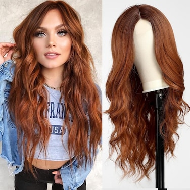 starluck Long Ombre Auburn Wavy Wig for Women 26 Inch Middle Part Curly Wig Natural Looking Synthetic Heat Resistant Fiber Wig for Daily Party Use
