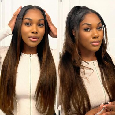 Beauty Forever V Part Wig Human Hair Yaki Straight EasiContour Vpart Wigs No Leave Out Ombre Chestnut Brown Glueless Upgraded U Part Wigs for Women None Lace Front Wigs T128 Color 150% Density 22inch