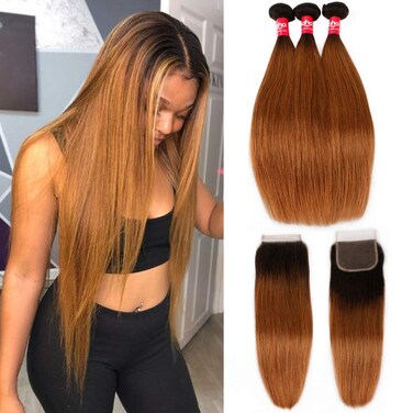 Haha Ombre Brazilian Straight Hair 3 Bundles with Closure Ombre Human Hair Bundles With Closure 2 Tone T1B/30 Black to Medium Auburn Brown Human Hair Weave Bundles with Lace Closure 14 16 18+12
