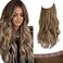 SARLA Invisible Wire Hair Extensions with 3 Clips Short Synthetic Wavy Curly Hairpiece Adjustable Transparent Headband for Women 12 Inch Ash Medium Brown/Ash Blonde Highlights