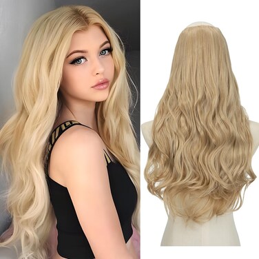 SARLA Clip in U Part Hair Extensions Full Head Long Synthetic Wave Curly Hairpiece 24 Inch for Women Natural Blonde