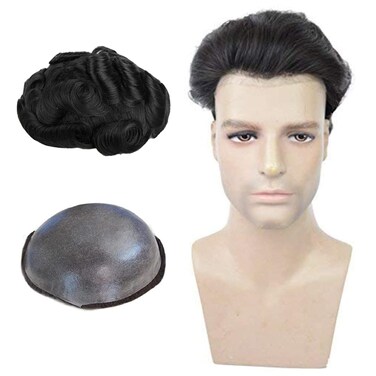 Human Hair Pieces Mens Toupee Soft Thin Skin with 0.03mm V-loop knot Wigs for Men Hair Replacement 8&times;10 inches System (8x10 Inch 0.03mm, #1(Jet Black)