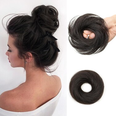 Isheeny 100% Human Hair Bun, Messy Bun Hair Piece Real Human Hair Extensions Natural Curly Brown Hair Bun Hairpieces For Women/Kids Girls Tousled Updo Chignons Daily Use (Natural Black)