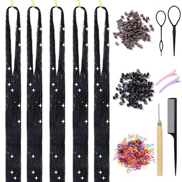 Hair Tinsel Kit with Tools Black Tinsel Hair Extensions Fairy Hair Tinsel Heat Resistant, Sparkling Shinny Glitter Hair Extensions Tinsel Hair Accessories for Women Girls Kids (Black)