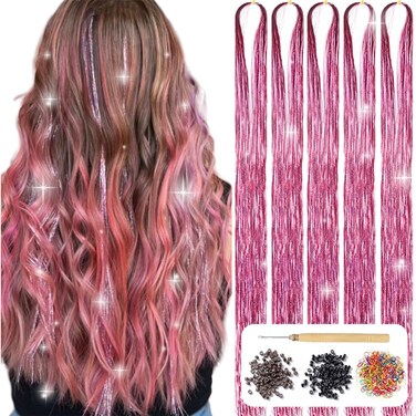 Hair Tinsel Kit with Tools 48 Inch 1200 Strands Pink Tinsel Hair Extensions Fairy Hair Tinsel Kit Heat Resistant Glitter Hair Extensions Tensile Hair Accessories for Girls Women (Pink)
