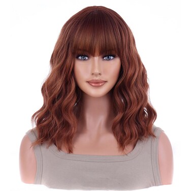 AneShe 14 Inches Auburn Wig Short Curly Bob Wig with Bangs for Women Girls Charming Wave Wigs Synthetic Wig for Daily Cosplay Party