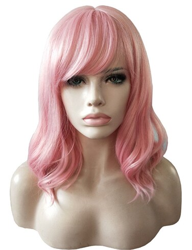 AneShe 14 Inches Women Girls Short Pink Wavy Wig Curly Synthetic Hair Wig With Air Bangs (Pink)