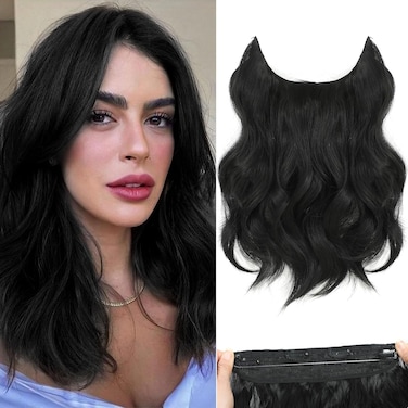 Halo Hair Extensions 12 Inch Invisible Wire Hair Extensions Adjustable Long Wavy Hair Extensions Synthetic Upgrade 4 Secure Clips in Hairpieces 12 Inch,Jet Black