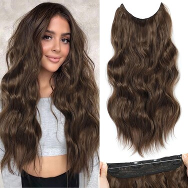 Halo Hair Extensions 20 Inch Invisible Wire Hair Extensions Adjustable Long Wavy Hair Extensions Synthetic Upgrade 4 Secure Clips in Hairpieces 20 Inch,Medium Brown