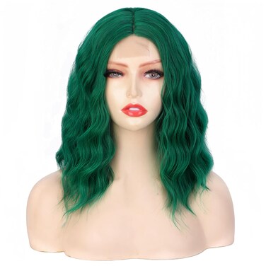 incohair Green Wigs for Women Short Wavy Lace Hairline Wig 14 Inch Middle Part Wigs Synthetic Heat Resistant Fiber Wigs for Daily Party Use Emerald Green Colorful Wigs (Green, 14")