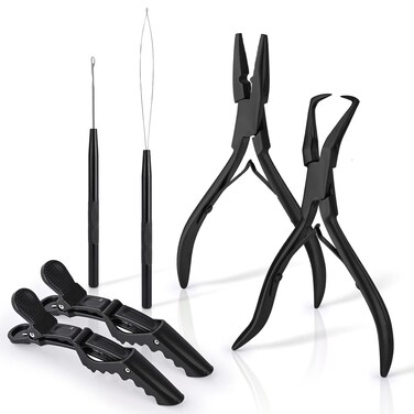 EHDIS Hair Extension Beading Tool Kit Stainless Steel Hair Extensions Micro link Bead Closer and Remover Pliers set, Beads Hair Pulling Hook &amp; Micro Ring Loop Tool Set (Black)