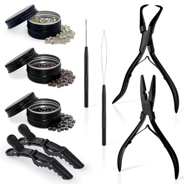 EHDIS Hair Extension Beading Tool Kit 600PCS Micro Silicone Lined Beads Stainless Steel Hair Extensions Micro link Bead Closer and Remover Pliers set, Beads Hair Pulling Hook &amp; Micro Ring Loop Tool