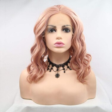 xiweiya Rose Gold Pink Lace Front Wigs Short Curly Synthetic Wigs Heat Resistant Cosplay Hair Halloween Party Wigs Drag Wig Soft Replacement Full Wigs 14 Inches