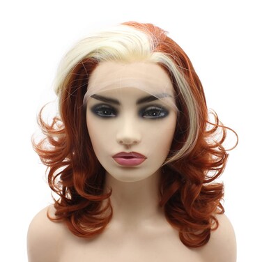 Peakia Shoulder Length Wavy Blonde Burgundy Half Hand Tied Lace Front Wig Synthetic Pink 1 Count