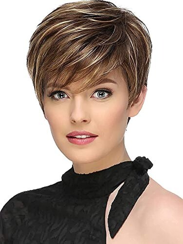 TISHINING Pixie Cut Brown Short Hair Wigs for White Women with Bangs Brown Mixed Blonde Highlights Layered Natural Looking Synthetic Hair Replacement Wigs for Daily Party Use