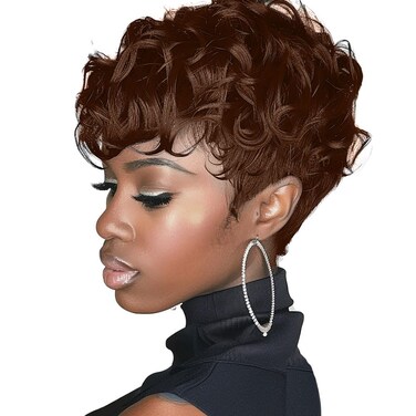 MOONSHOW Short Pixie Wigs for Black Women Auburn Red Short Pixie Cut Wig Synthetic Short Haircut Wigs Natural Pixie Wigs for Black Women Auburn Red Short Curly Wigs for Women(Auburn Red)