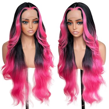 Pink Highlight Wig Lace Front Wigs Synthetic Body Wave Wig Wear and Go 13x4x1 T-part Lace Middle Part Synthetic Wigs 28 Inch Pre-Plucked HD Glueless Lace Front Wig for Women