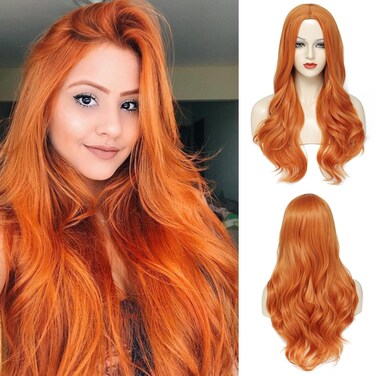 Ginger Wavy Wigs for Women - Long, Heat Resistant, Synthetic Orange Wig for Daily Cosplay and Party