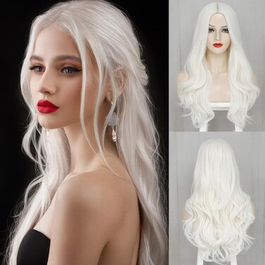 White Wigs for Women 26 Inches Long White Wig Synthetic Wig Middle Part Natural Looking White Wavy Wig for Daily Use Halloween Cosplay Wig