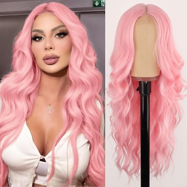 AISI HAIR Pink Wig for Women, Long Wavy Lace Hairline Middle Part Synthetic Wig for Daily Party-26 Inch