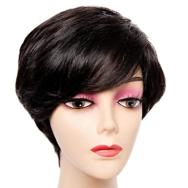 Pixie Cut Wig with Bangs Human Hair Short Wigs for Women Short Pixie Cut Wigs Black Brazilian Virgin Hair Layered Wavy wigs Party Daily Use (Natural Black)