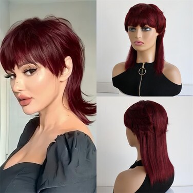 Fashion 99j Burgundy Mullet Pixie Cut Wigs Human Hair Straight Pixie Straight Pixie Human Hair Wigs With Bangs Red Colored Mullet Wig Human Hair For Black Full Machine Made Brazilian Remy Hair Wig
