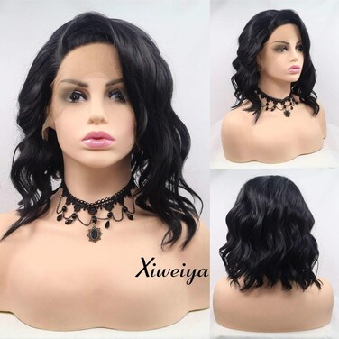 Xiweiya Short Black Curly Wave Mix Color Wig Side Part Synthetic Lace Front Wigs Short Black Soft Wig Hair Replacement Wig for Women, Drag Queen Makeup 14 inch