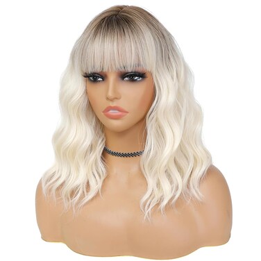 Ombre Platinum Blonde Wig with Bangs for Women 14 Inch Shoulder Length Short Bob Wavy Curly Wig Platinum Blonde Wig Heat Resistant Synthetic Wigs