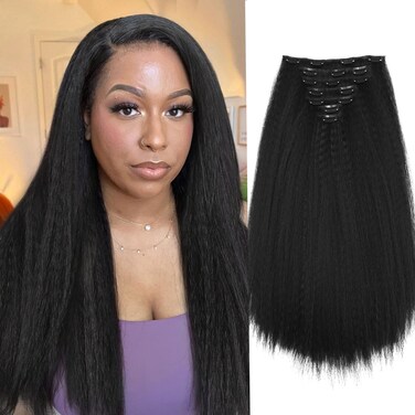 Quantum Love Kinky Straight Clips in Hair Extensions Full Head Yaki Straight Clip Ins for Black Women 18 Inches 7 Pieces Kinky Straight Synthetic Hair Extension